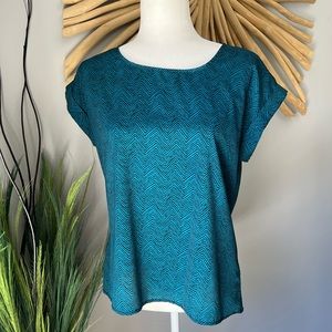 Teal and black print short sleeve blouse - size small